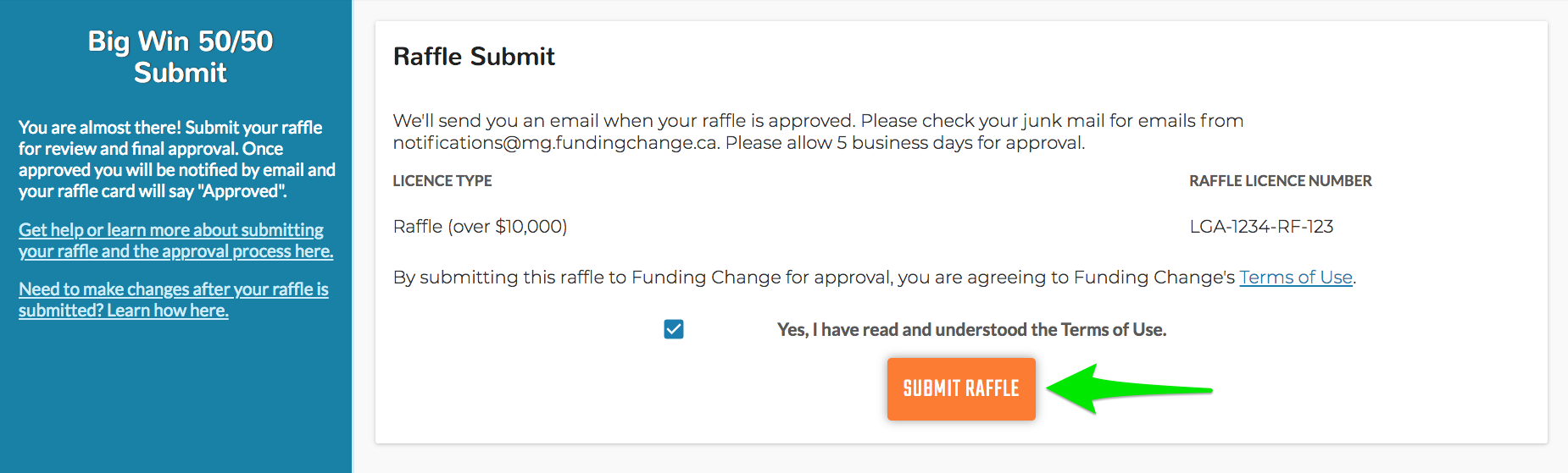 Step 9: Add Licence Number and Submit Raffle – Funding Change Helpdesk